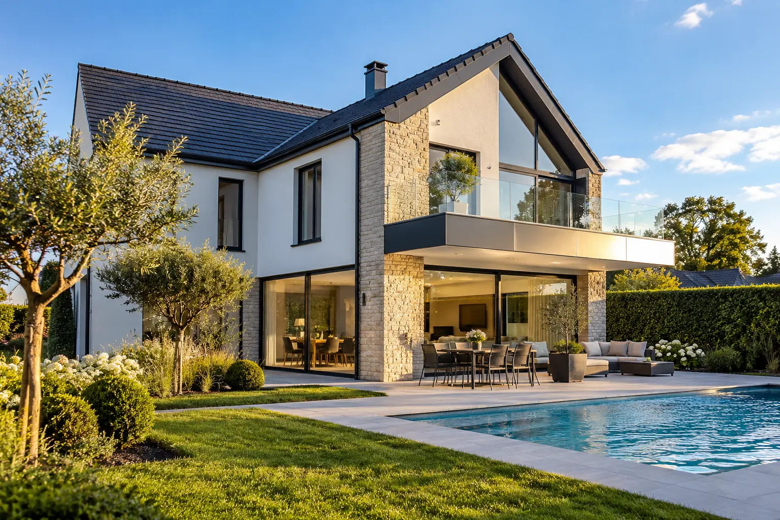Contemporary house with pool and garden