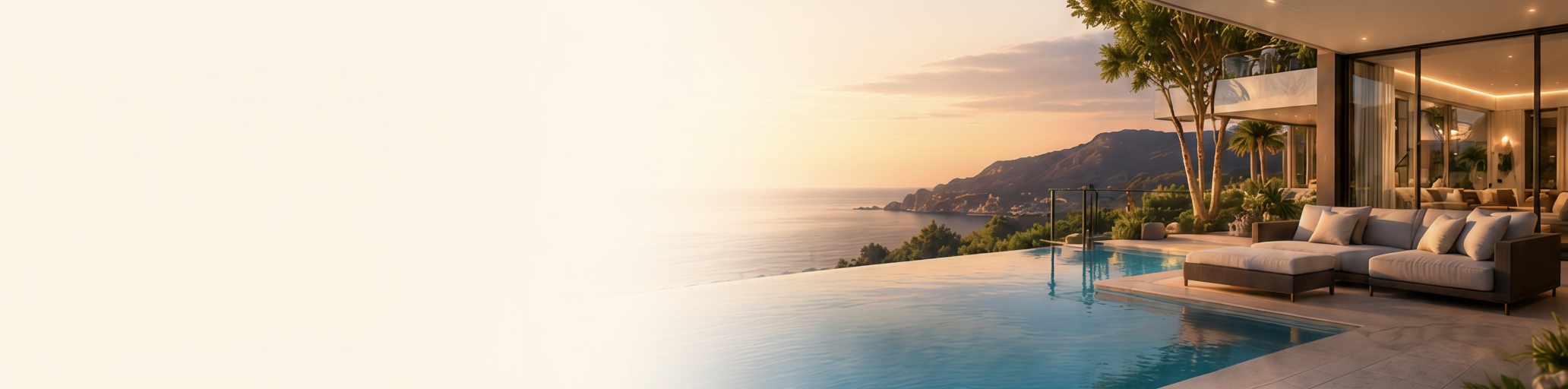 Terrasse de villa de prestige avec piscine au coucher du soleil